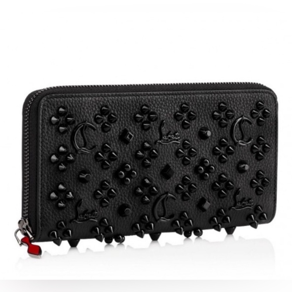 Like New Used Twice Christian Louboutin Black Studded Zip Wallet with Red Accent